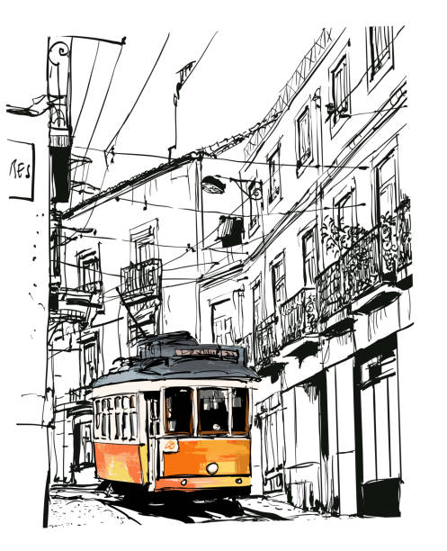 illustrazioni stock, clip art, cartoni animati e icone di tendenza di vista sulla strada con famoso vecchio tram nella città di lisbona, portogallo - cable car illustrations