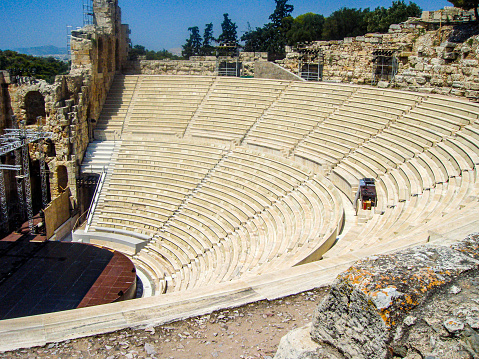 In July 2011, tourists were visiting the Amphitheater at the Acropole in Athens, Greece