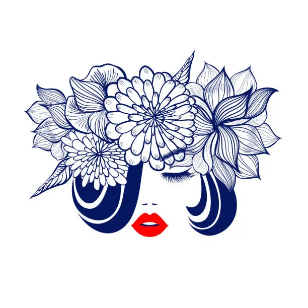 Vector illustration of Beautiful sexy woman face, red lips, hairstyle, fashion hairdresser, diadem flowers, element design, abstract flowers, spa salon.  Beauty Logo. Vector illustration. Isolated on white.