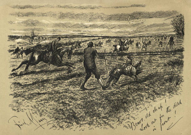 Vintage illustration of Hunters galloping across fields and ditches, Victorian, 19th Century.  Bravo, old chap ! Look out for the ditch in front
