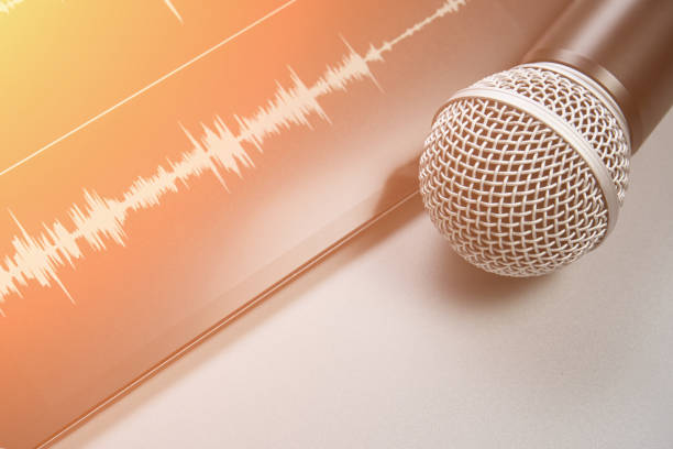 Podcast record. Microphone and sound track at tablet. Grey monochrome. Audiobook and podcasting. Audio technology. Home school teaching. Edit episode