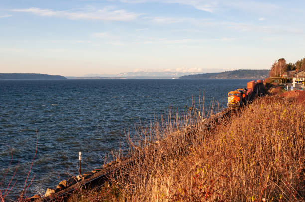Head view of train moving by oceanfront area, Edmonds, WA