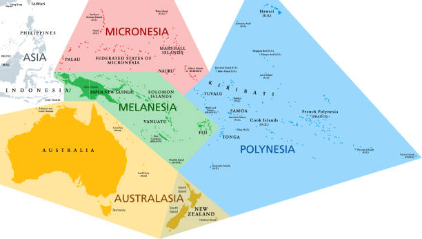 Regions of Oceania, political map Regions of Oceania, political map. Colored geographic regions, southeast of the Asia-Pacific region including Australasia, Melanesia, Micronesia and Polynesia. English. Illustration over white. Vector pacific islands stock illustrations