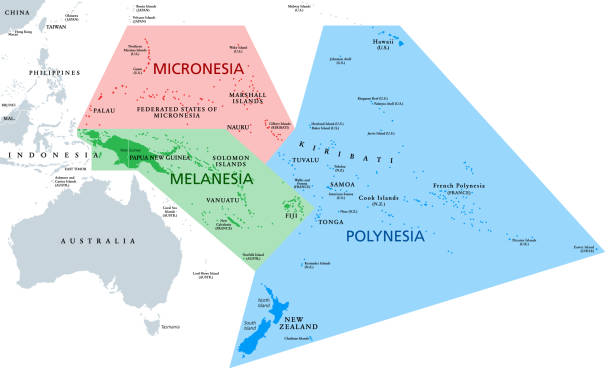 Melanesia, Micronesia and Polynesia, political map Melanesia, Micronesia and Polynesia, political map. Colored geographic regions of Oceania, southeast of the Asia-Pacific region. English labeling. Illustration on white background. Vector. easter island map stock illustrations