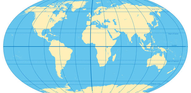 ilustraciones, imágenes clip art, dibujos animados e iconos de stock de mapa del mundo con los círculos más importantes de latitudes y longitudes - greenwich