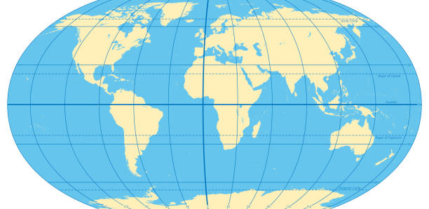 illustrazioni stock, clip art, cartoni animati e icone di tendenza di mappa del mondo con i cerchi più importanti di latitudini e longitudini - equatore luoghi geografici