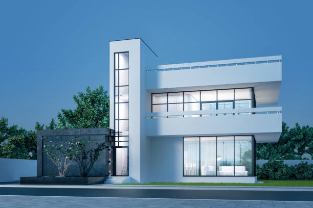 istock Modern house with a balcony and a high staircase, project in gray materials with night lighting and light from the windows on a gray background. 3D stock illustration. 1223388529