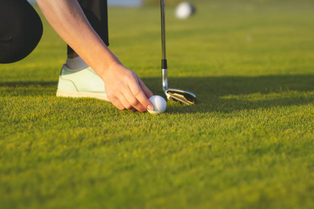 female hand placing golf ball on tee - golf course golf people sitting imagens e fotografias de stock