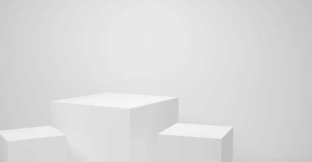 Abstract white cube isolated on gray wall background with geometric shape. 3d render design for display product and banner on website. Blank 3d box mockup with podium. Empty showcase for advertising. cubo blanco abstracto aislado sobre fondo de pared gris con forma geométrica. diseño de renderizado 3d para el producto de visualización y el banner en el sitio web. maqueta de caja en blanco en 3d con podio. escaparate vacío para publicidad.