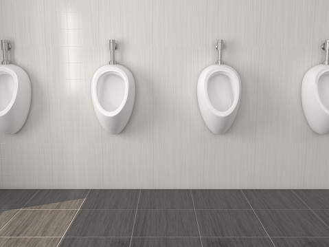 White ceramic urinals hanging on the wall in public toilet. 3d rendering illustration.