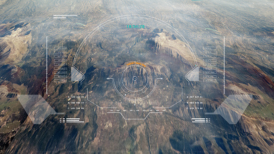 Hud Futurista Vigilancia Aérea Flyover Misterio Montaña para Objetivo Enemigo Verificando Ilustración de Representación 3D. photo