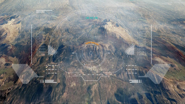 3dレンダリングイラストをチェックする敵のターゲットのためのhud未来的な空中監視フライオーバーミステリーマウンテン。 - military air vehicle ストックフォトと画像