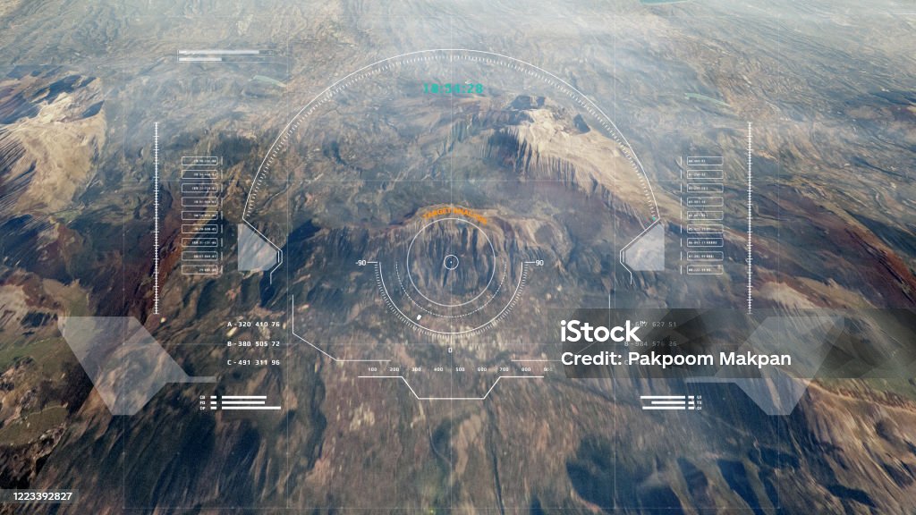 Hud Futuristic Aerial Surveillance Flyover Mystery Mountain For Enemy Target Checking 3D Rendering Illustration. Military Stock Photo