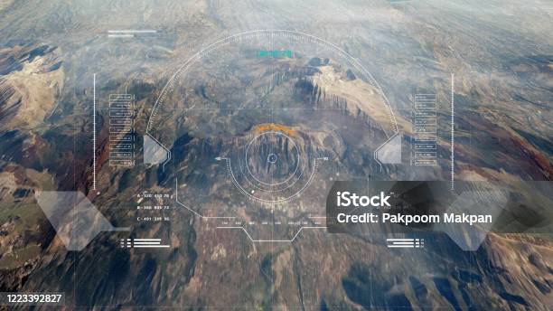 Hud Futuristic Aerial Surveillance Flyover Mystery Mountain For Enemy Target Checking 3d Rendering Illustration Stock Photo - Download Image Now