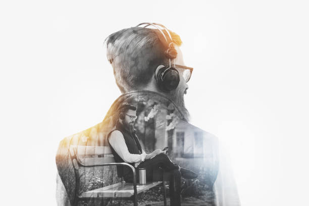 Man listening to Podcast Double Exposure Concept