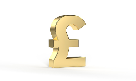 3D render of a golden Pound sign on a white background