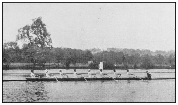 Antique black and white photograph of sport, athletes and leisure activities in the 19th century: Rowing