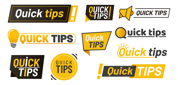 Set of isolated hints icons or tips with lamp, idea lightbulbs and megaphone with exclamation sign, logo for quick advice or tricks, education solution or faq flat design. Suggestion, help information