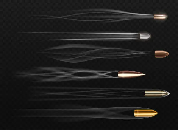 Vector illustration of Set of bullets on transparent. Realistic gun trail
