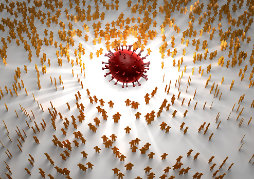 Una imagen de representación 3D del virus corona en el centro y naranja color humano símbolo muñecas se paran alrededor photo