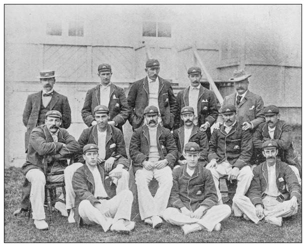 Antique black and white photograph of sport, athletes and leisure activities in the 19th century: Cricket team Australia Antique black and white photograph of sport, athletes and leisure activities in the 19th century: Cricket team Australia cricket team stock illustrations