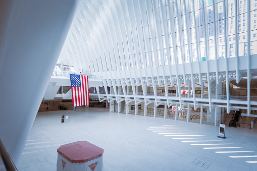 New York, New York - April 28, 2020, sign posted in WTC Oculus COVID-19 Quarantine. New York, NYC. USA