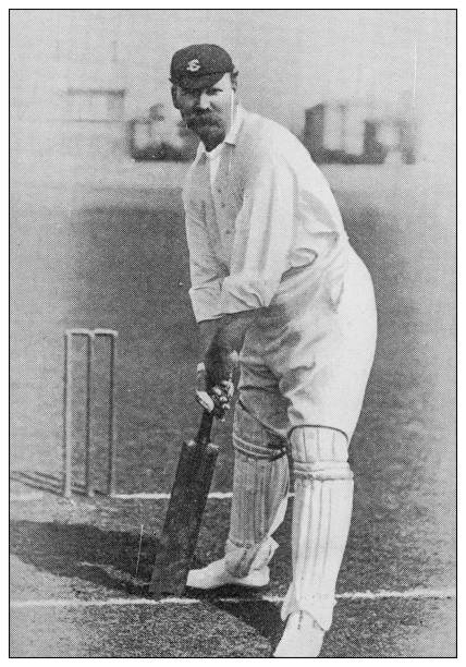 Antique black and white photograph of sport, athletes and leisure activities in the 19th century: Cricket player K J Key Antique black and white photograph of sport, athletes and leisure activities in the 19th century: Cricket player K J Key cricket player photos stock illustrations