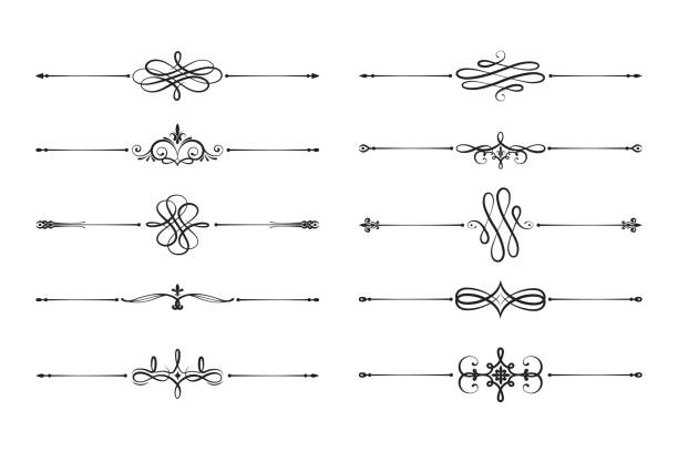 illustrazioni stock, clip art, cartoni animati e icone di tendenza di divisori in filigrana eleganti disegnati a mano. bordi a vortice ornati. separatori di decorazioni vettoriali isolati. classiche linee calligrafiche di invito al matrimonio. - rompere