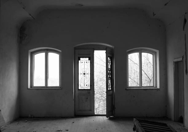 istock Abandoned room with door and two windows 1223405421