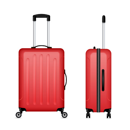 Red detailed rolling suitcase, roller aboard, cabin luggage. Trolley case, flight bag on wheels for business trip, summer vacation, travel. Front, side view. Vector realistic set isolated on white.