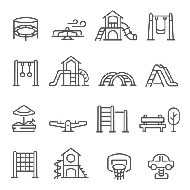 Big set of playground equipment thin line icons. Kid s swing, slide, sandbox, climber vector elements. Big set of playground equipment thin line icons isolated on white. Playpit, kindergarden outline pictogram collection, logos. Kids swing, slide, sandbox, climber vector elements for infographic, web. swing play equipment stock illustrations
