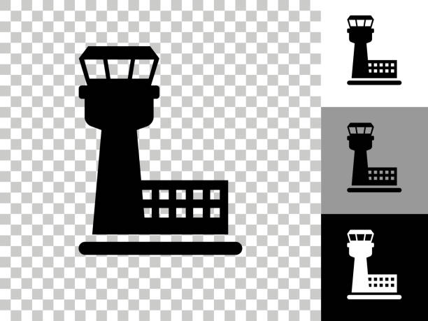 illustrazioni stock, clip art, cartoni animati e icone di tendenza di icona della torre di controllo del traffico aereo sullo sfondo trasparente della scacchiera - air traffic control tower