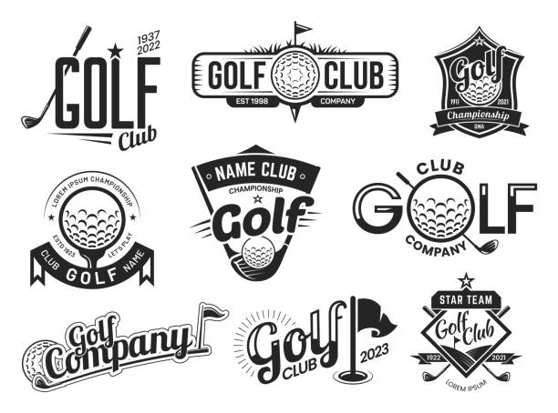 Golf sport club labels, team championship signs Golf club labels templates, team badges and championship vector icons. Premium golf club emblems set with ball and crossed clubs, stars and ribbons, golfer tournament on green course golf symbols stock illustrations