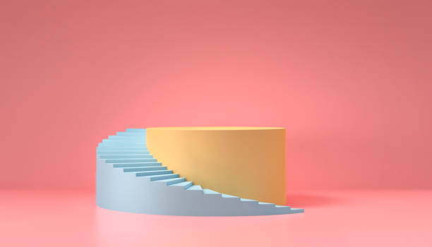 istock 3D illustration podium in cylinder showcase stand with stair, abstract minimal concept with pink background, Geometric shape in pastel color. product presentation 1223407232