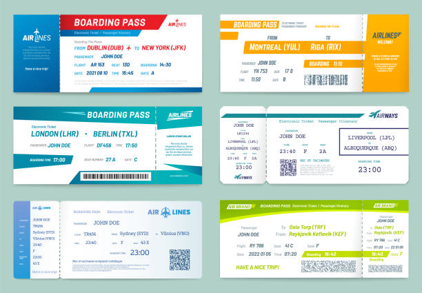 Set of airlines tickets and boarding passes Air tickets and airline boarding passes, vector template designs. Airline tickets and boarding passes with world travel destinations and capitals of USA America and Europe, New York, Berlin and Sydney charter document stock illustrations
