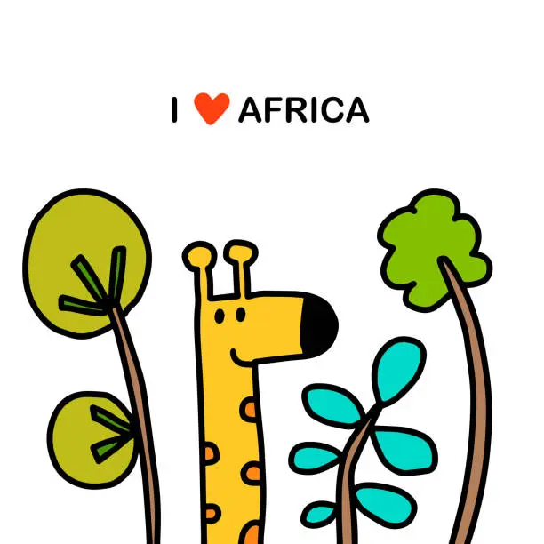 Vector illustration of I love africa hand drawn vector illustration in cartoon comic style giraffe and plants green