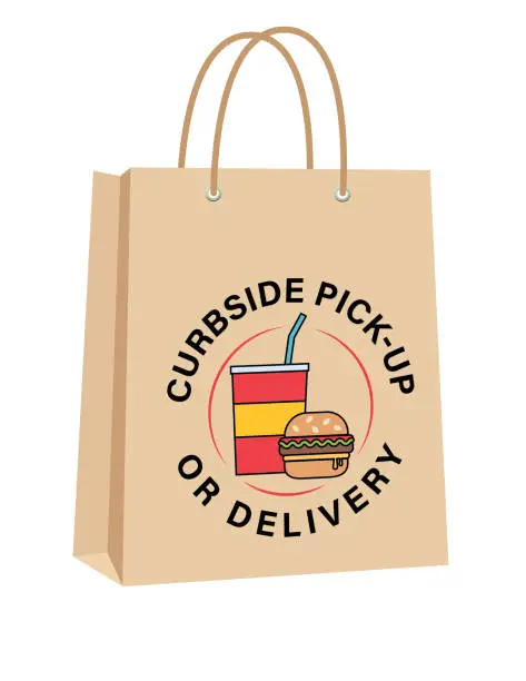 Vector illustration of Curbside Take-Out Or Delivery Bags With Burger And Soda