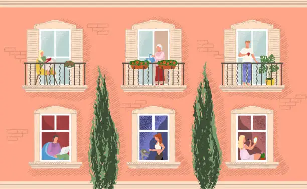 Vector illustration of Building facade with windows and people living inside. Men and women reading, drink morning coffee, exercise, watering plants. Concept of neighbors in quarantine. Vector illustration