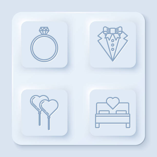 세트 라인 다이아몬드 약혼 반지, 정장, 리본과 침실 과 마음의 형태로 풍선. 흰색 사각형 버튼입니다. 벡터 - heart shape heart suit valentines day love stock illustrations