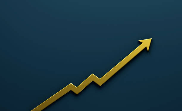 Golden up growing arrow isolated on blue background, 3D rendering gold