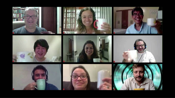 istock Computer screen layout with friends having coffee together and talking on a conference call 1223412969