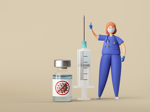 3d render. Woman doctor character is standing near the big syringe, glass bottle with clear blue liquid. Isolated medical clip art. Vaccination concept. Vaccine against coronavirus.