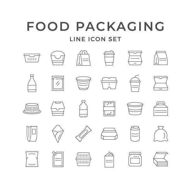 Set line icons of food packaging Set line icons of food packaging isolated on white. Alcohol bottle, cake package, lunch box, take away coffee, beverage can, paper bag, doy-pack. Vector illustration box container stock illustrations