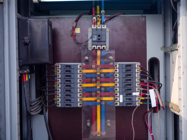 istock Electrical panel at a assembly line factory. Controls and switches. 1223414692