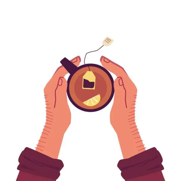 Vector illustration of Man's hands holding cup of tea with teabag and lemon slice