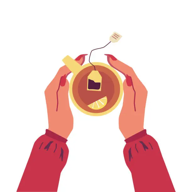 Vector illustration of Woman's hands holding cup of tea with lemon - top view of hot drink