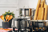 Clean saucepan on a gas stove in kitchen