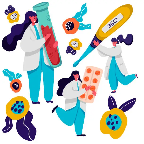 Vector illustration of People in white coats flat vector illustrations set. Scientist and assistant, medical doctors cartoon characters. Woman holding termometr, pils and Test Tube with Lifeblood