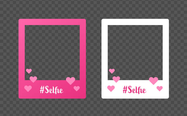 selfie-fotorahmen für social-media-konzept. vektor flache illustration. satz von rosa und weiß layout mit transparentem kopierraum und herzform. design-element für post, banner, anzeige, blog, blogging. - selfie stock-grafiken, -clipart, -cartoons und -symbole