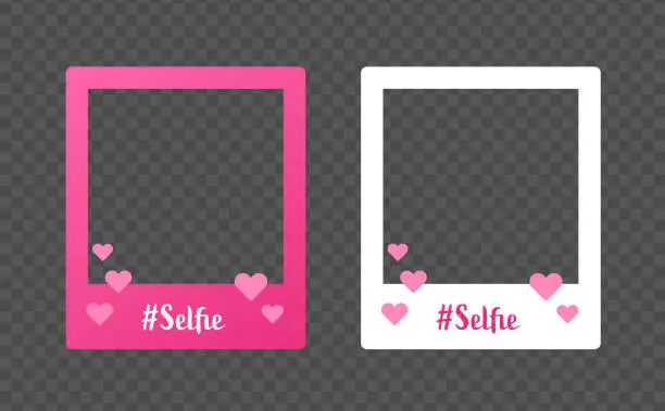 Vector illustration of Selfie photo frame for social media concept. Vector flat illustration. Set of pink and white layout with transparent copy space and heart shape. Design element for post, banner, ad, blog, blogging.